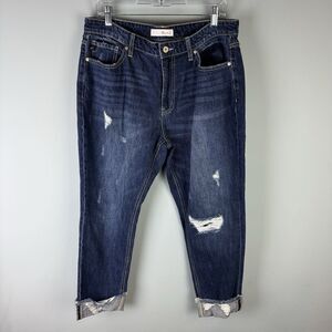 KanCan Women's Size 13/30 Bernice High Rise Boyfriend Jeans Distressed Dark Wash